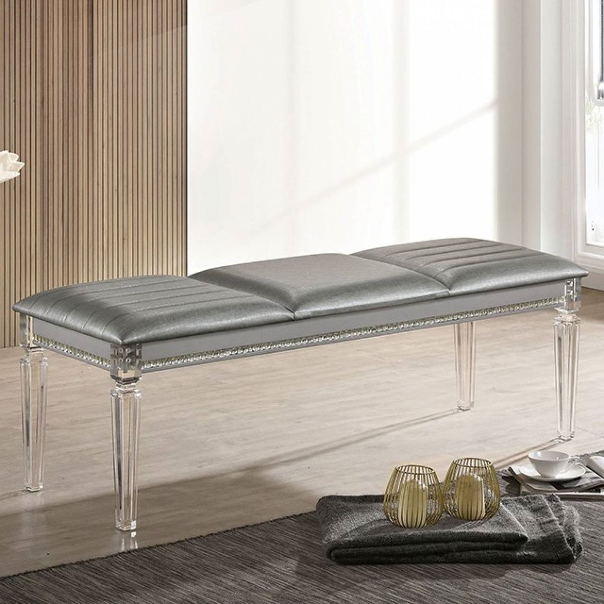 Mirror-Accent Bench with Acrylic Legs — view 2