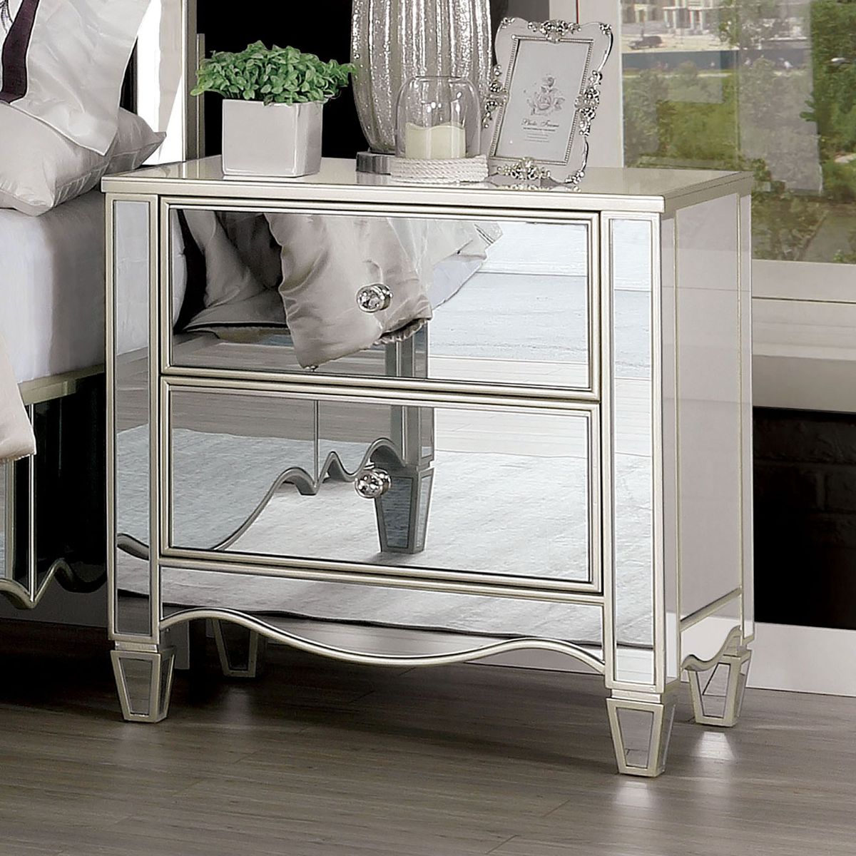 Ornate Mirrored Nightstand with Curved Feet
