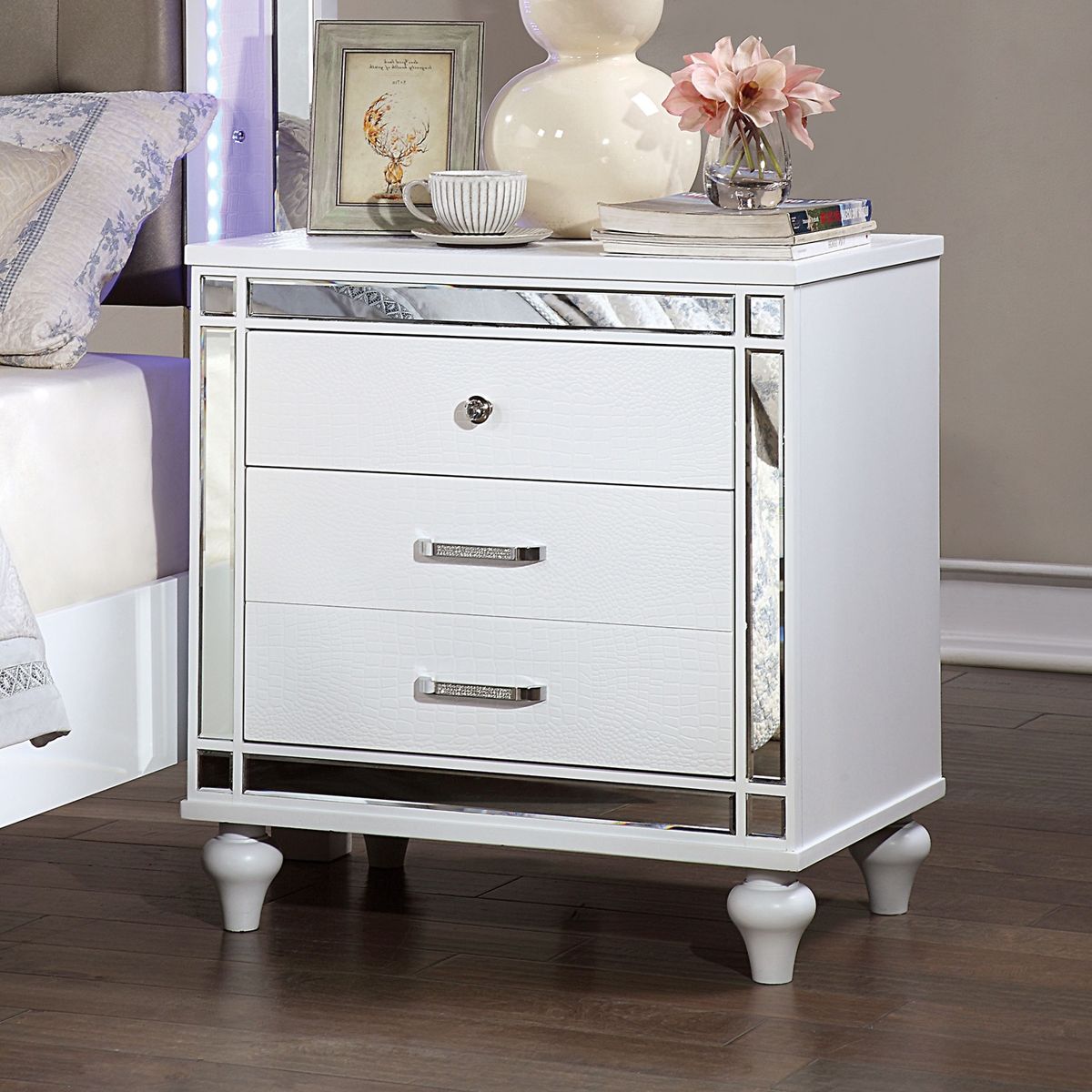 Crocodile-Textured Nightstand with Mirror Trim — view 3