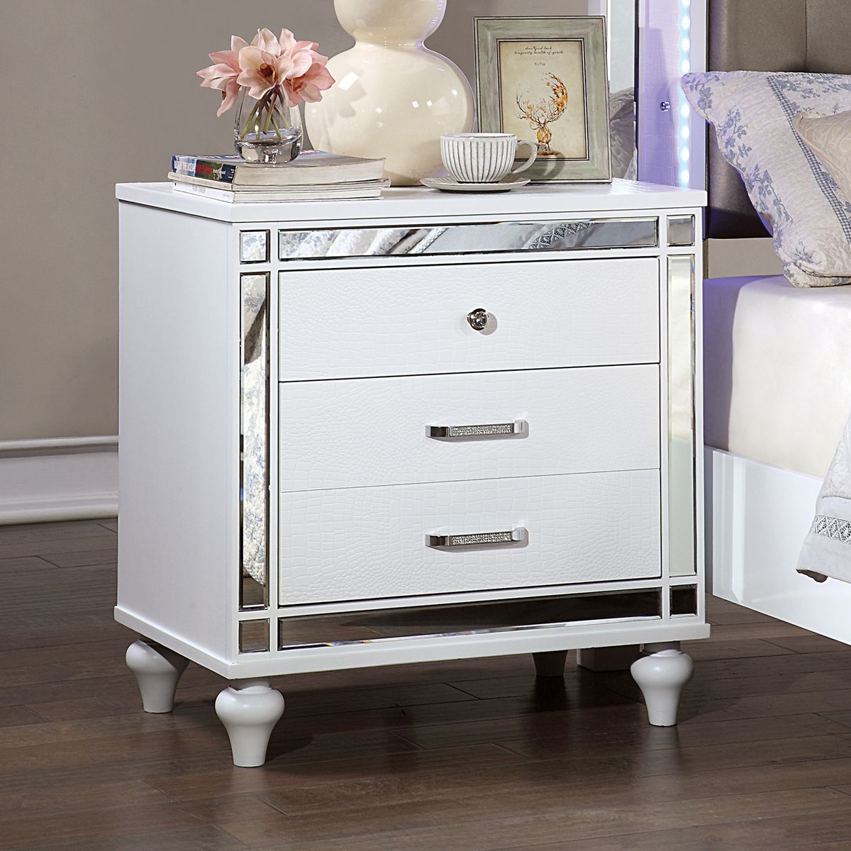 Crocodile-Textured Nightstand with Mirror Trim
