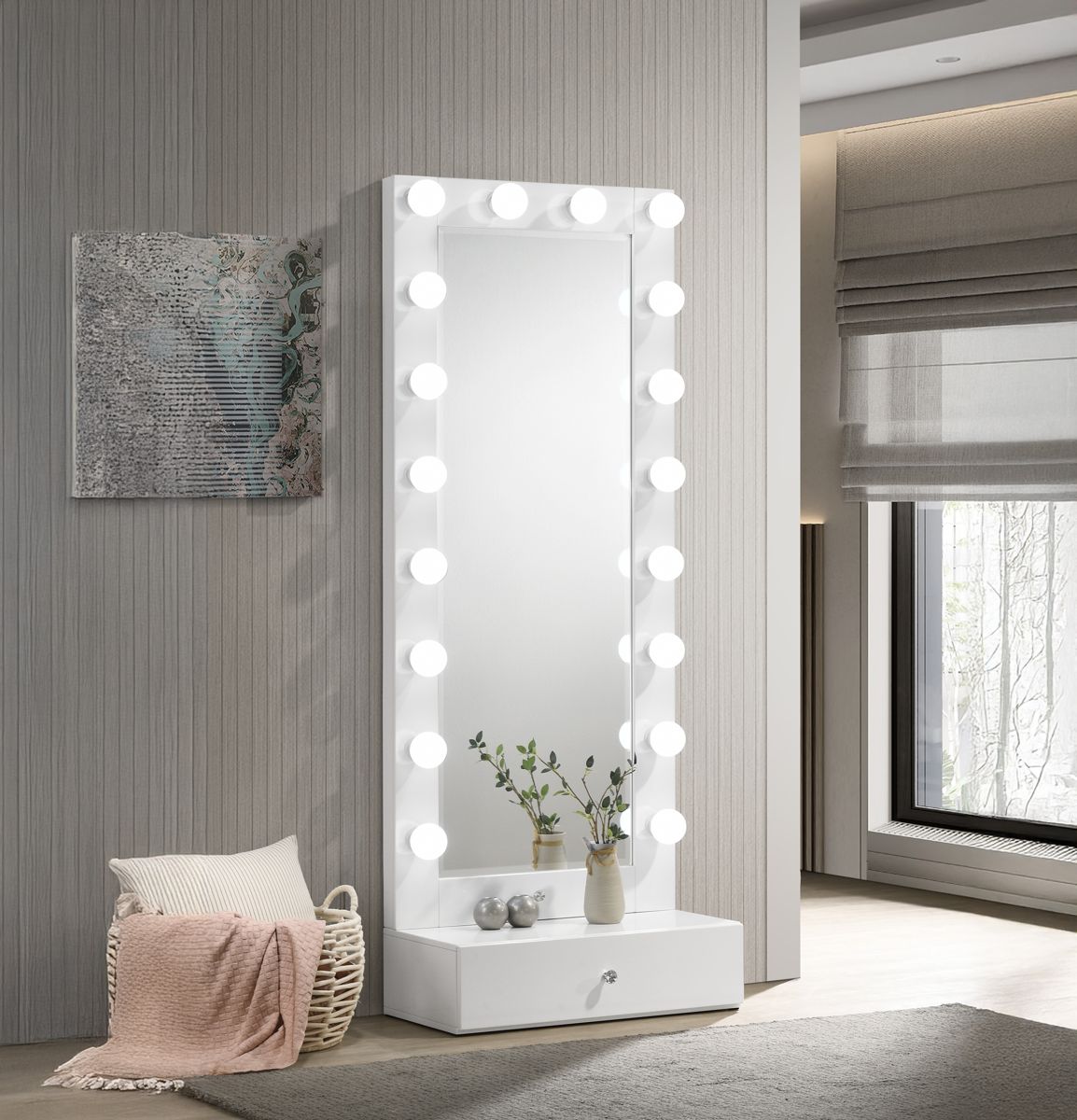 Tall Lighted Vanity Mirror with Drawer Box