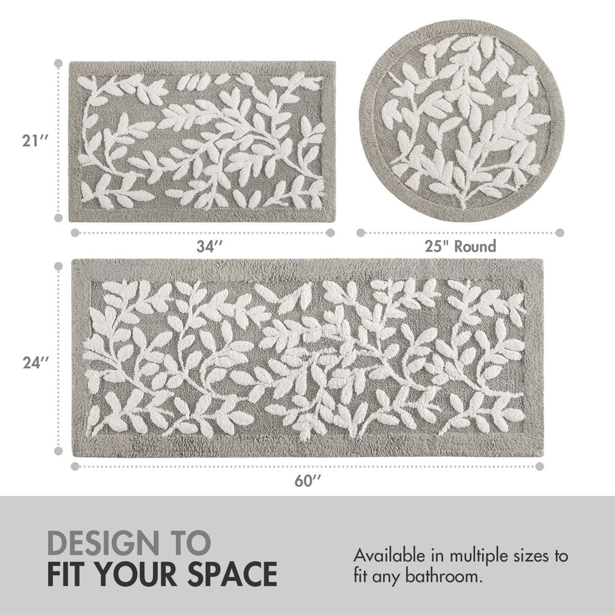 21 x 34-Inch Floral Cotton Bath Rug, Grey — view 2
