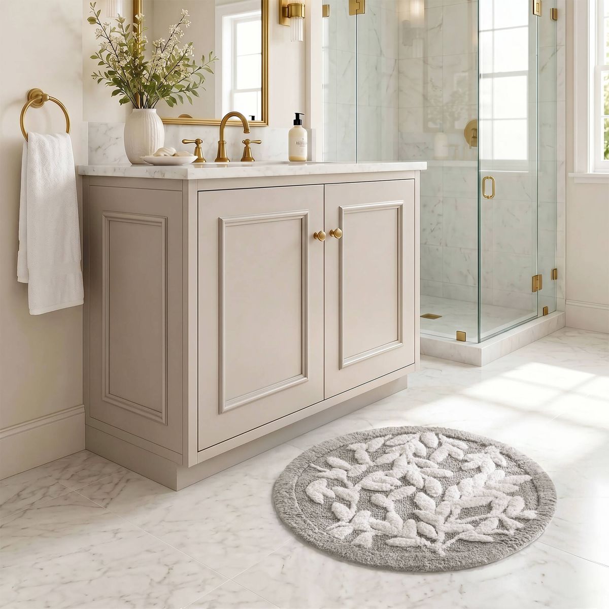 25-Inch Round Floral Cotton Bath Rug, Grey — view 2