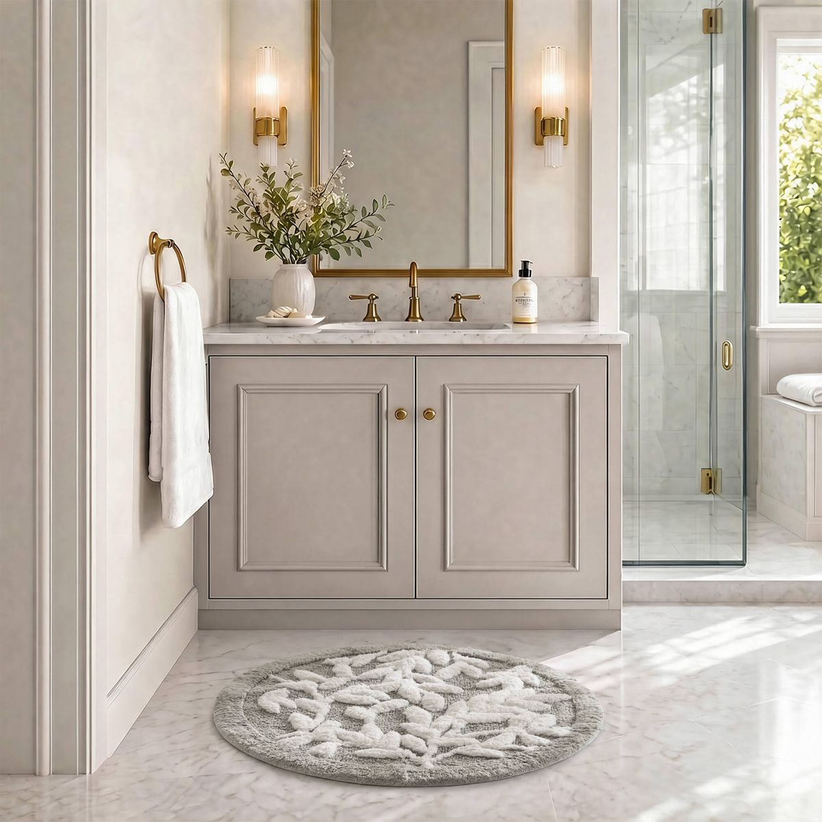 25-Inch Round Floral Cotton Bath Rug, Grey