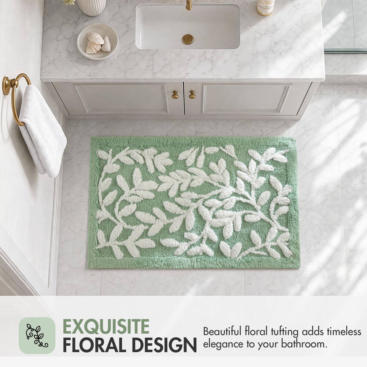 21 x 34-Inch Floral Cotton Bath Rug, Sage Green — view 2