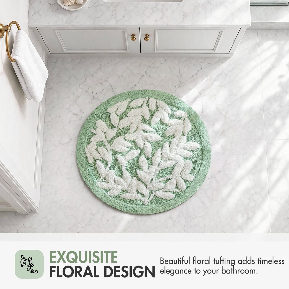 25-Inch Round Floral Cotton Bath Rug, Sage Green — view 2