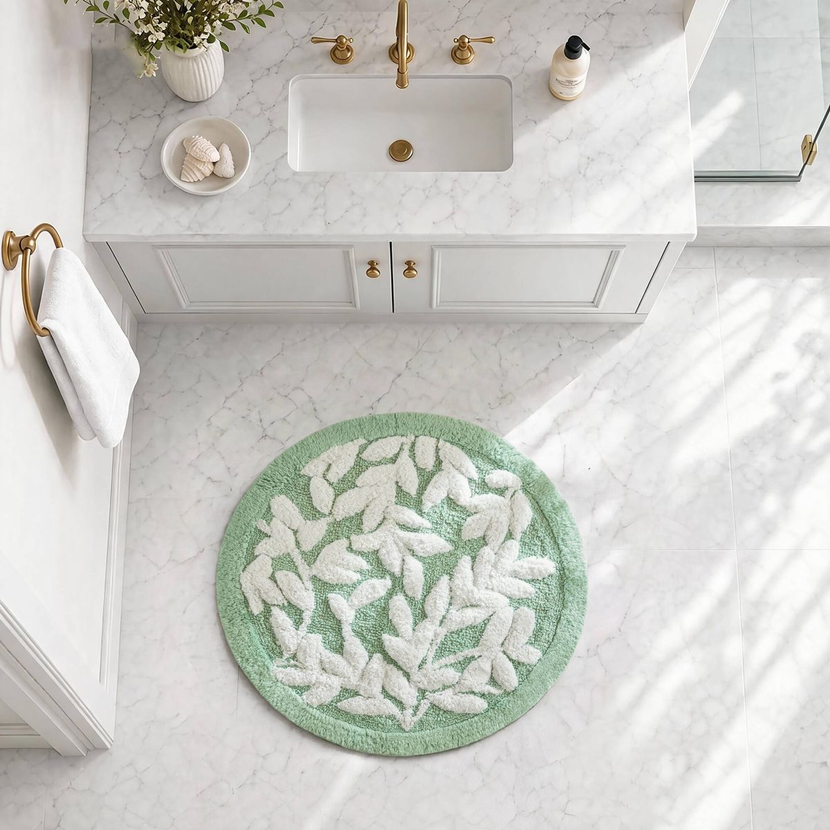 25-Inch Round Floral Cotton Bath Rug, Sage Green