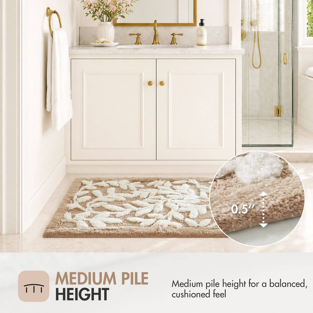 21 x 34-Inch Floral Cotton Bath Rug, Mushroom — view 3