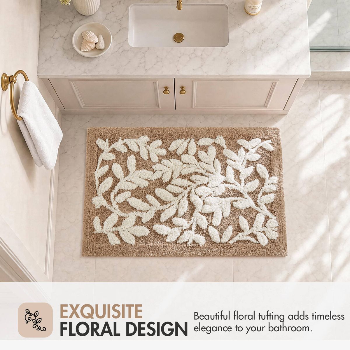 21 x 34-Inch Floral Cotton Bath Rug, Mushroom — view 4