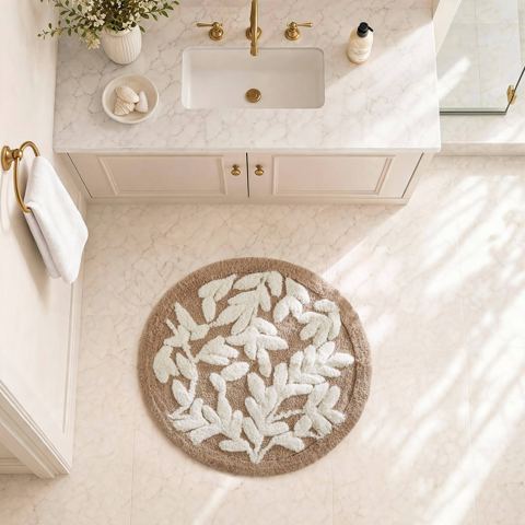 25-Inch Round Floral Cotton Bath Rug, Mushroom