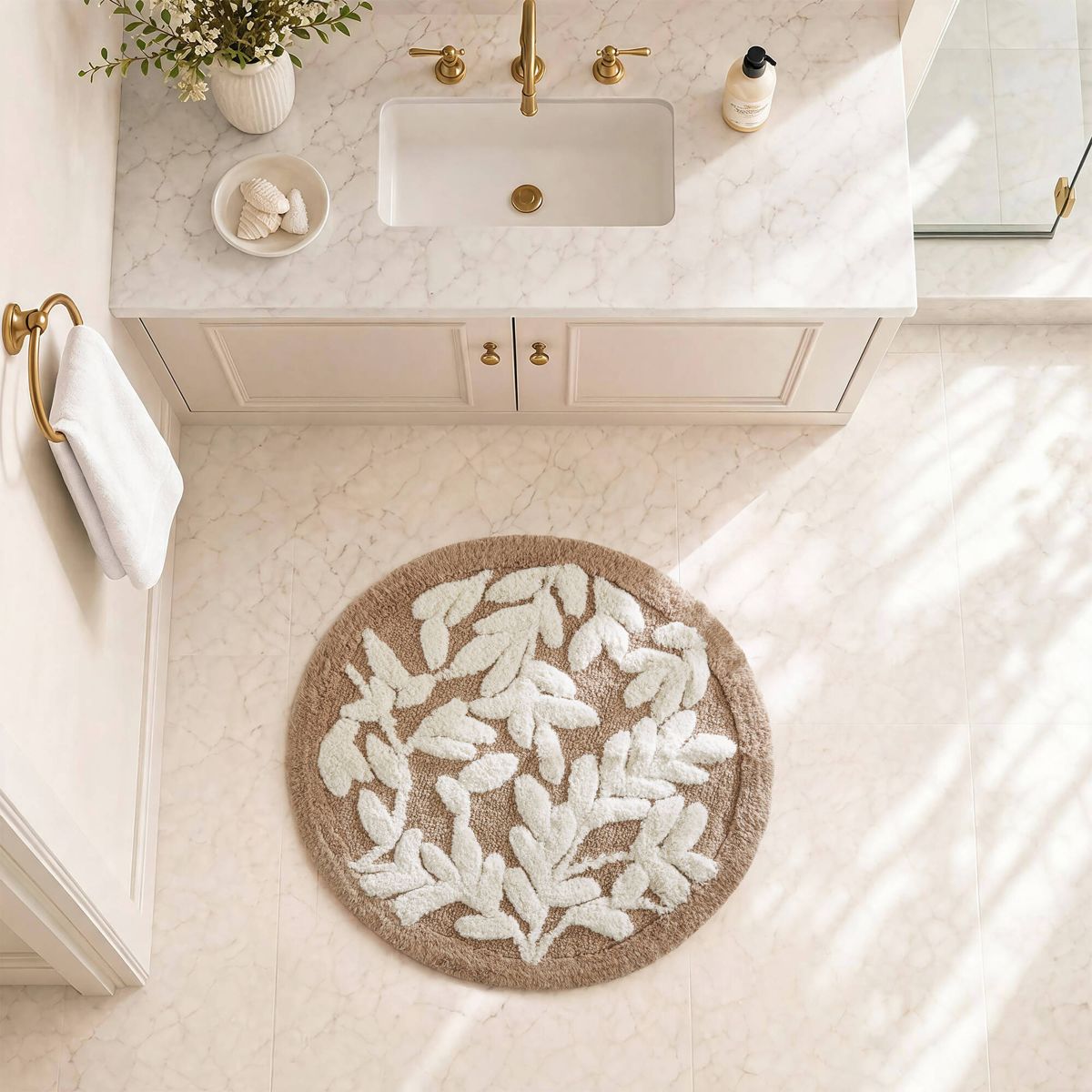 25-Inch Round Floral Cotton Bath Rug, Mushroom