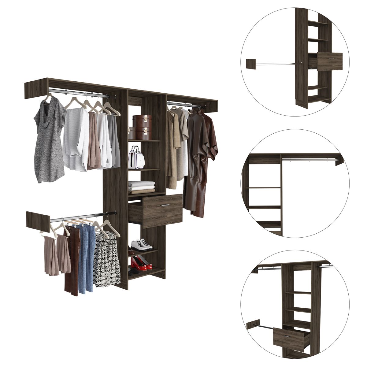 4-Shelf Closet System with Drawer, Dark Walnut — view 3