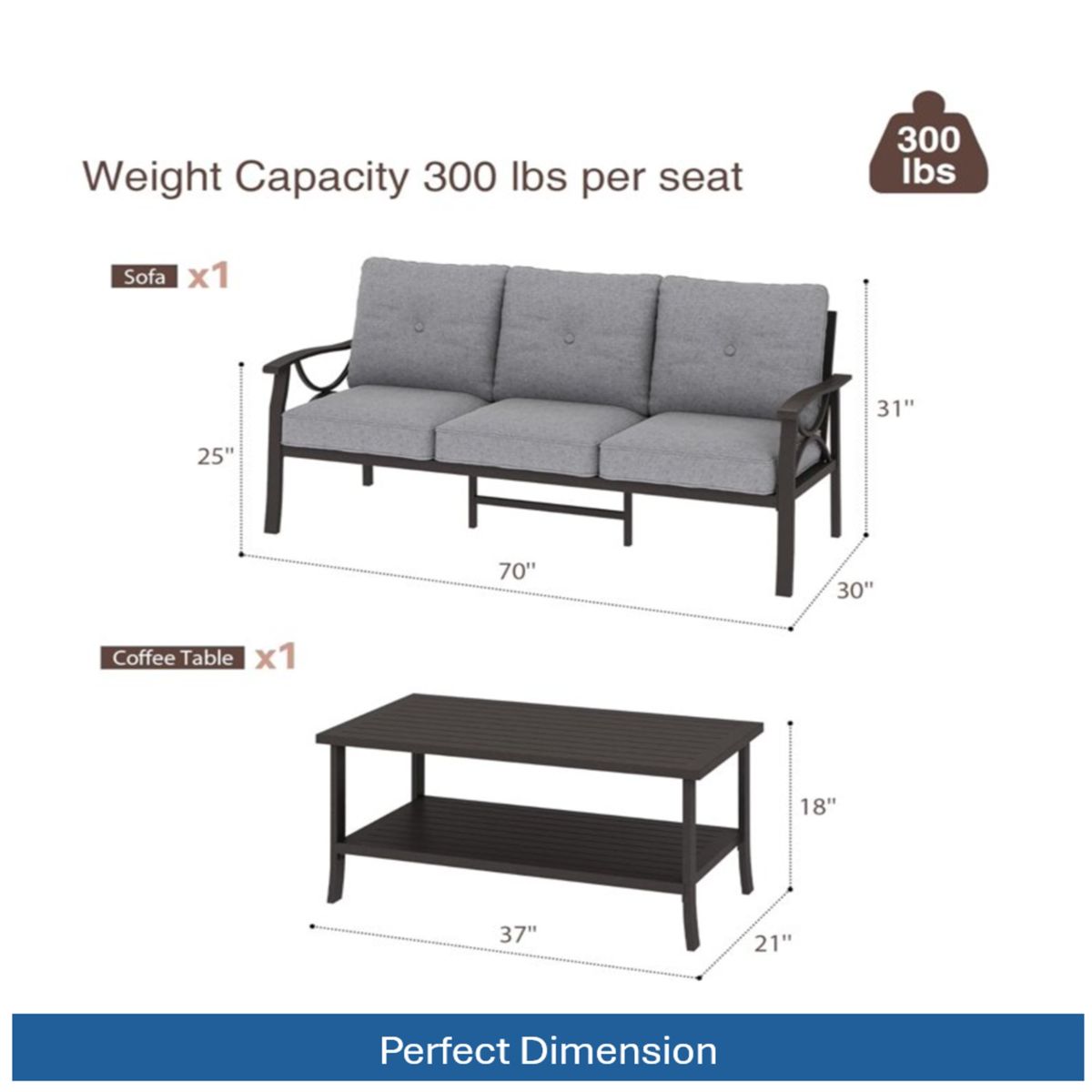 70-Inch Metal Sofa and Coffee Table Set — view 2