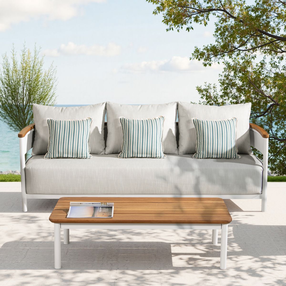 Teak and Aluminum Sofa and Coffee Table Set — view 2