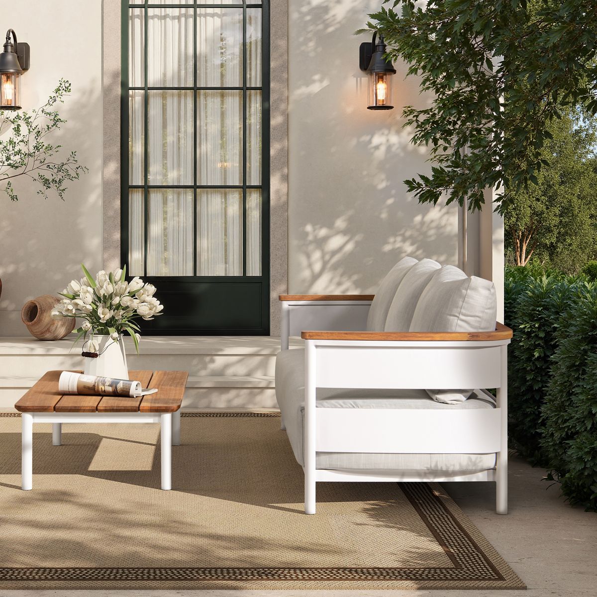 Teak and Aluminum Sofa and Coffee Table Set — view 3
