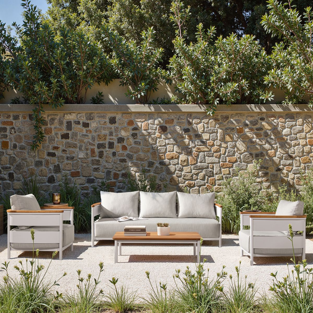 Teak and Aluminum Sofa and Coffee Table Set
