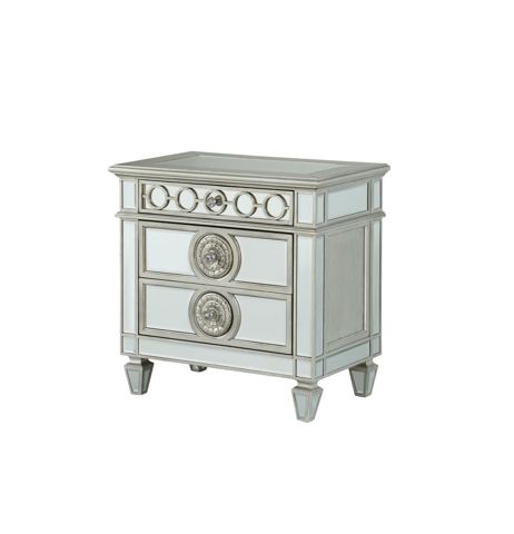 Silver Mirrored Nightstand with Sunburst Trim