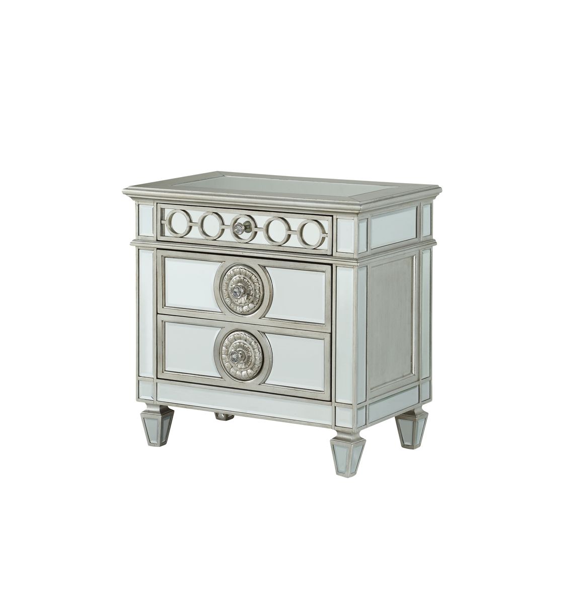 Silver Mirrored Nightstand with Sunburst Trim