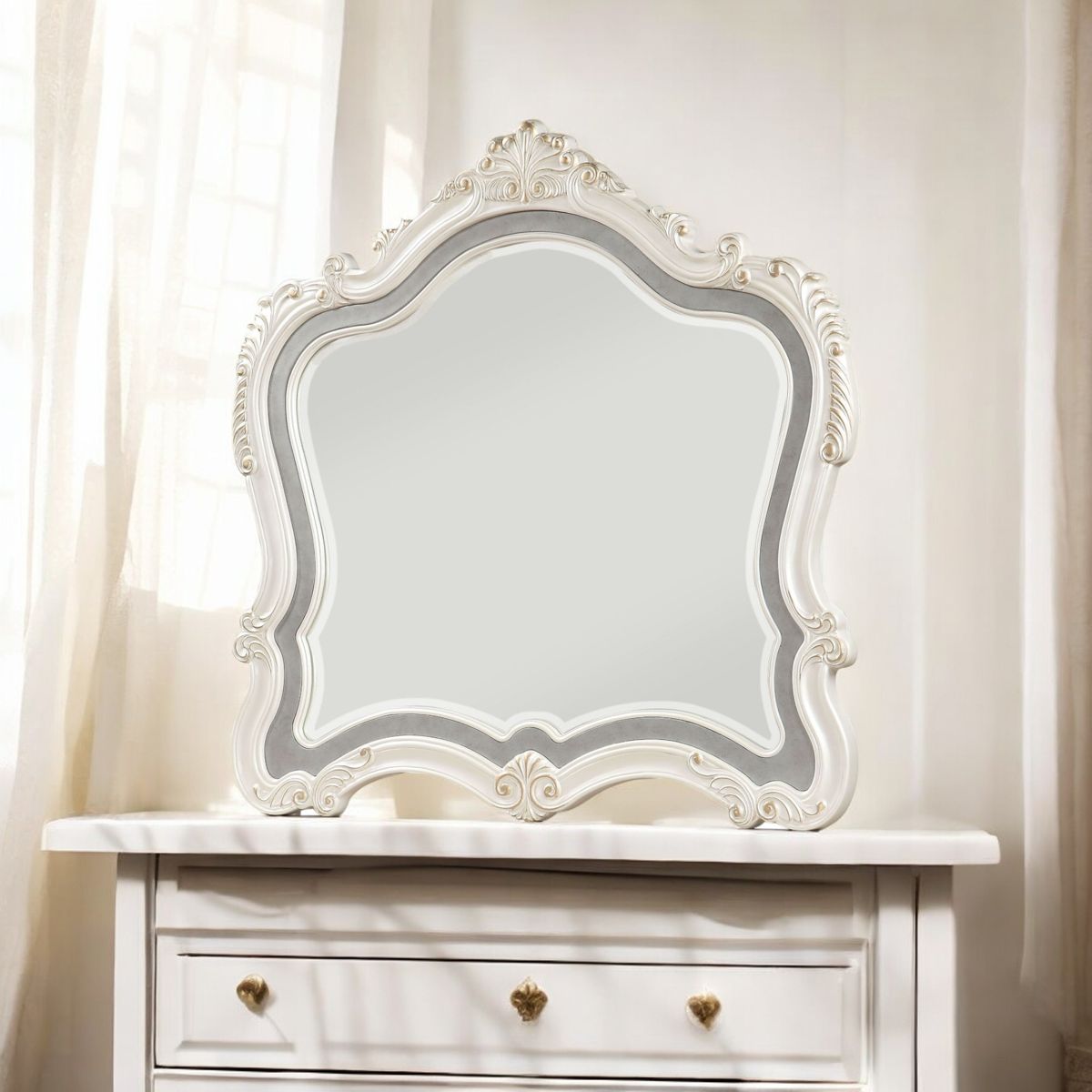 Beveled Mirror with Scrolled Trim and Crown