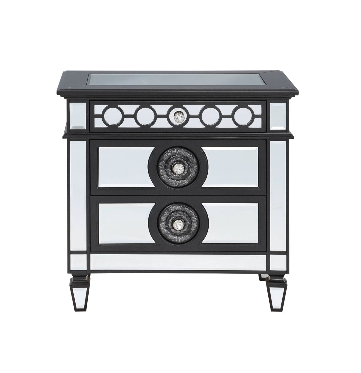 Black Mirrored Nightstand with Sunburst Trim — view 3