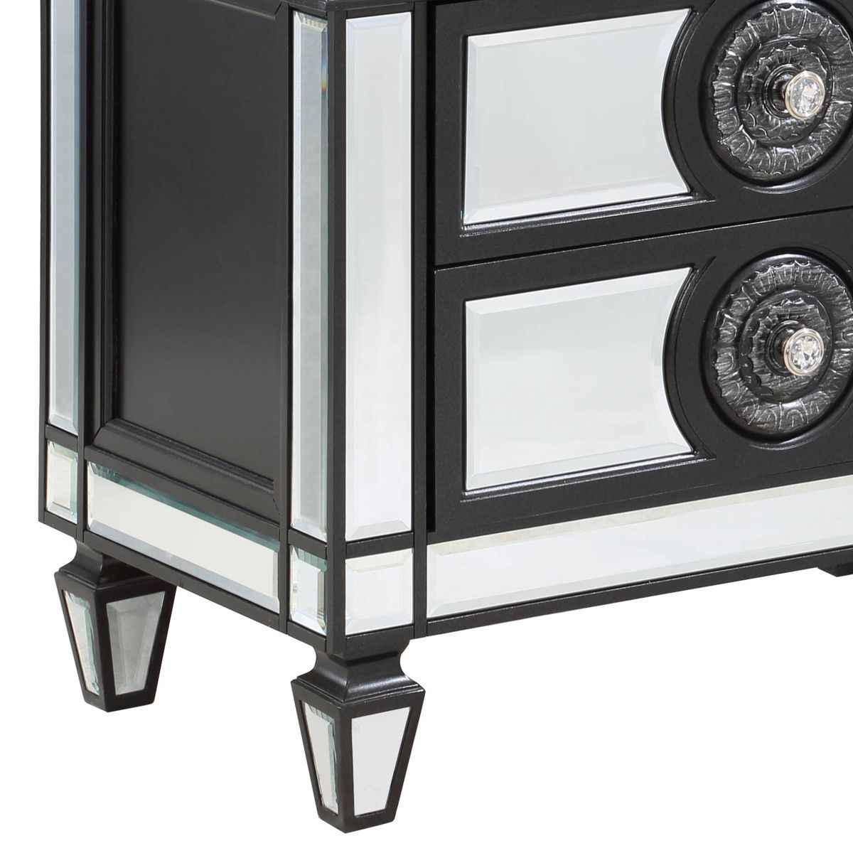 Black Mirrored Nightstand with Sunburst Trim — view 4