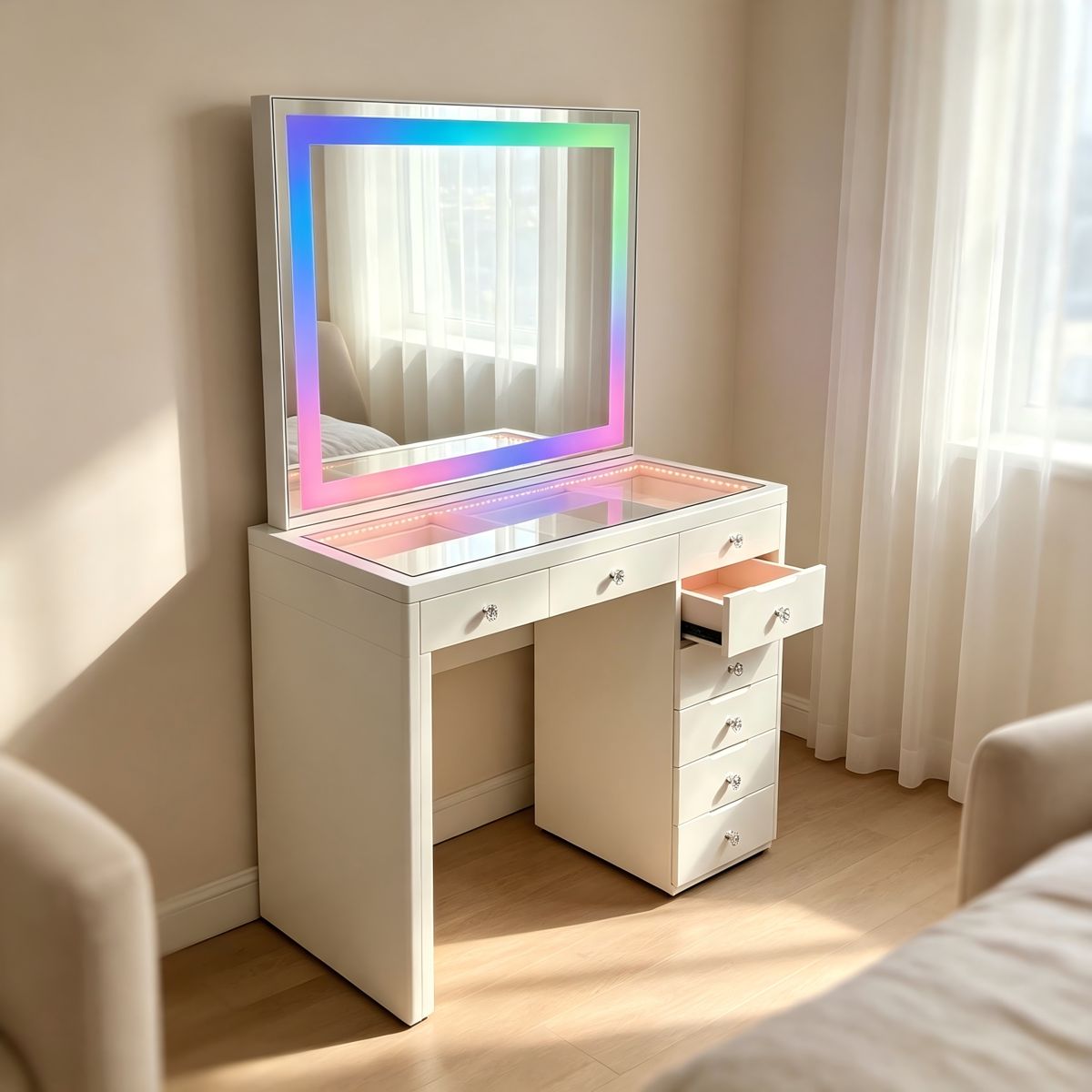 LED Vanity Table with 8 Drawers and Glass Top