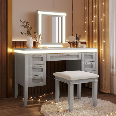 48-Inch 7-Drawer Lighted Vanity, Grayish Blue