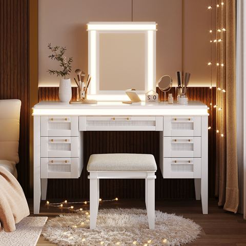 48-Inch 7-Drawer Lighted Vanity, Light Beige