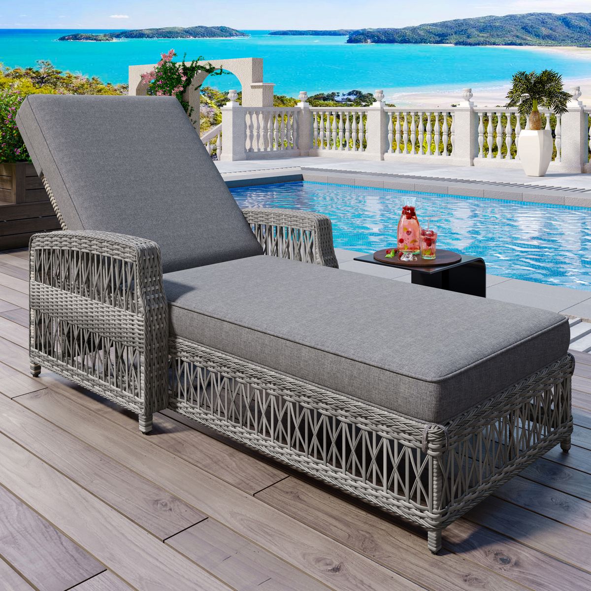 Long Wicker Reclining Chaise with Armrests