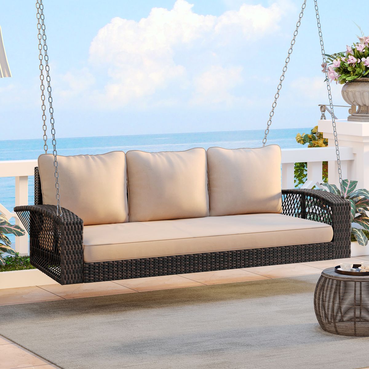 69-Inch Wicker Porch Swing with Cushions — view 2