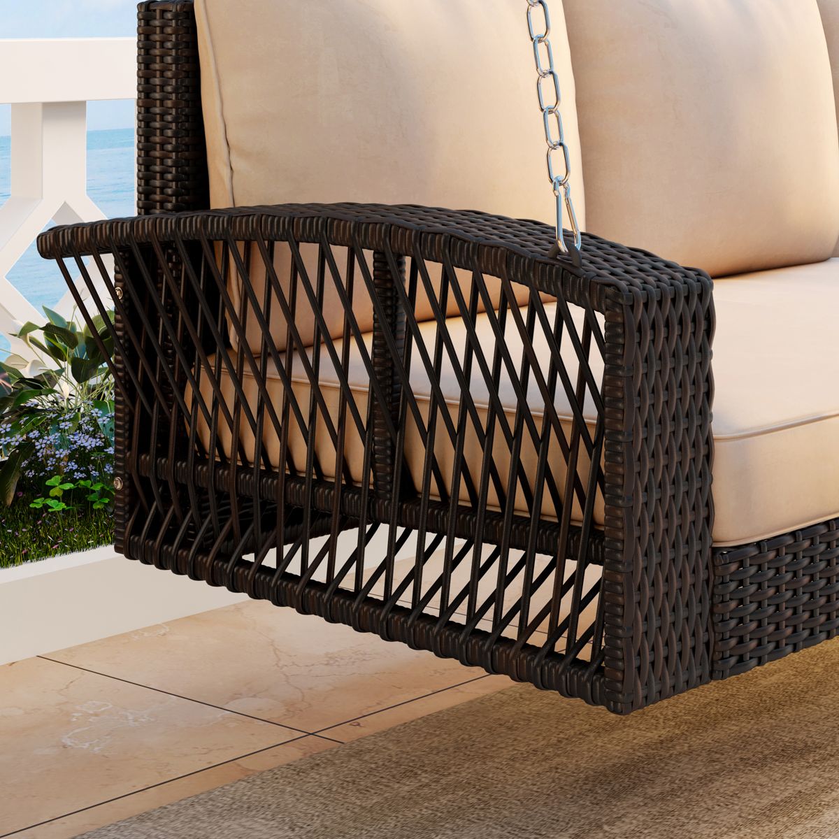 69-Inch Wicker Porch Swing with Cushions — view 3