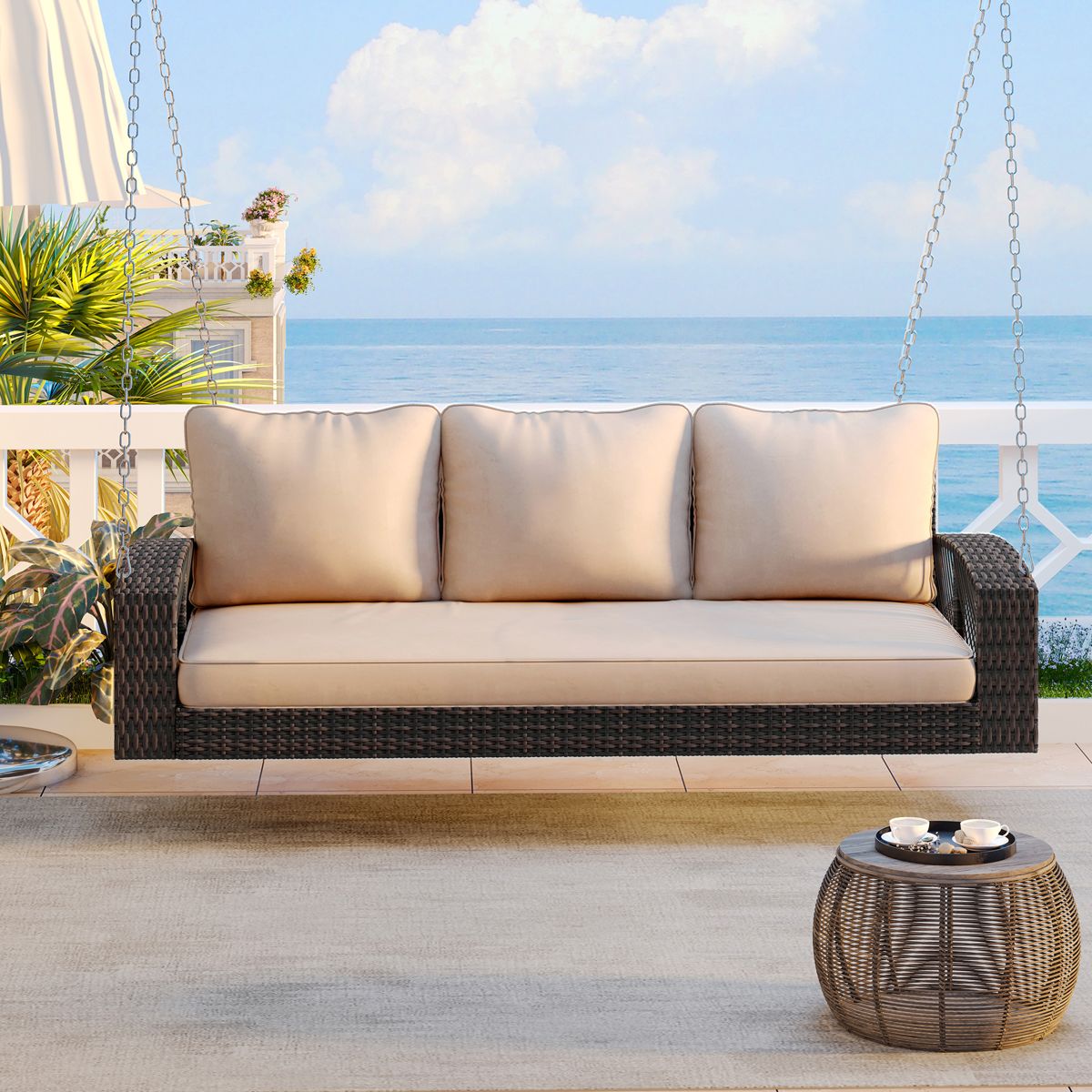 69-Inch Wicker Porch Swing with Cushions