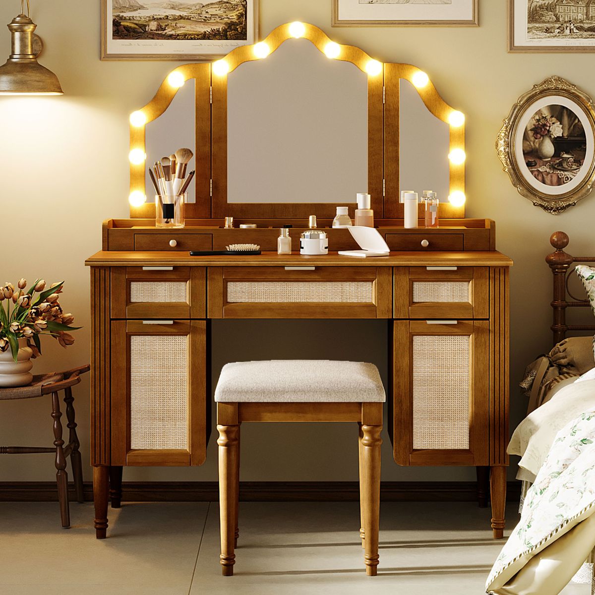 44-Inch Hollywood Vanity with Tri-Fold Mirror
