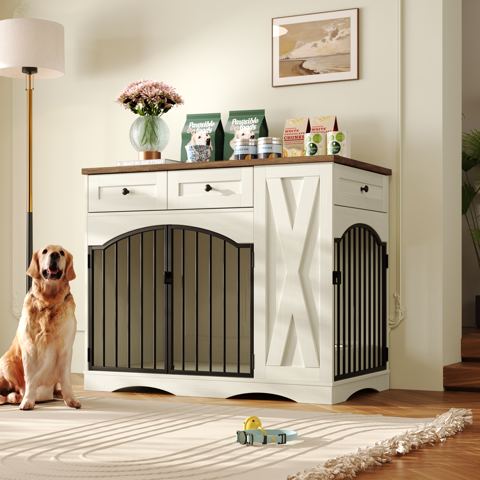 43-Inch Farmhouse Dog Crate with 3 Drawers