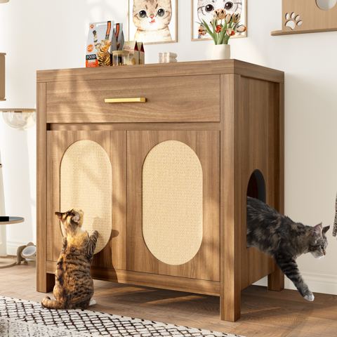 Cat Litter Box Cabinet with Scratching Doors