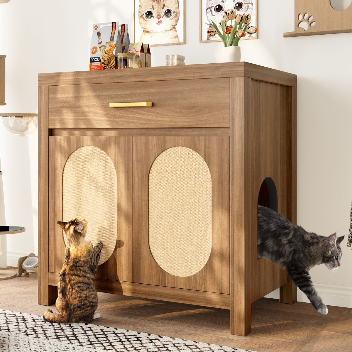 Cat Litter Box Cabinet with Scratching Doors