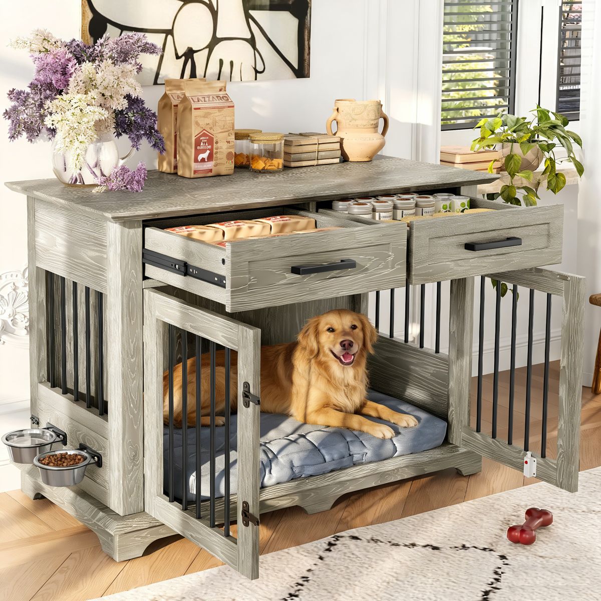 44-Inch Dog Crate End Table with 2 Drawers