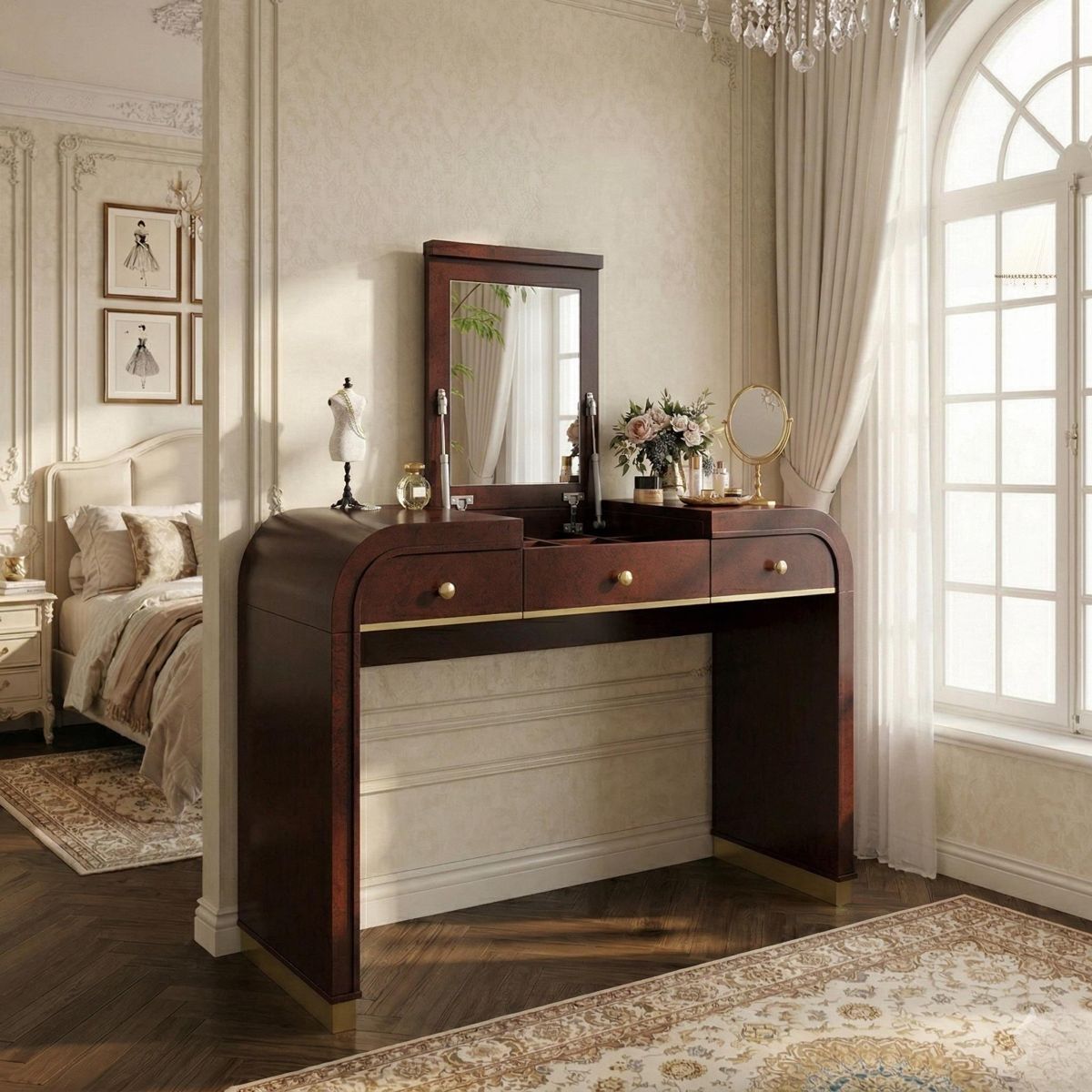 3-in-1 Flip-Mirror Vanity Desk with 2 Drawers