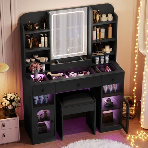 43-Inch Glass-Top Vanity with Lit Cabinets