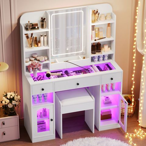Glass-Top Vanity with Lit Cabinets and Stool