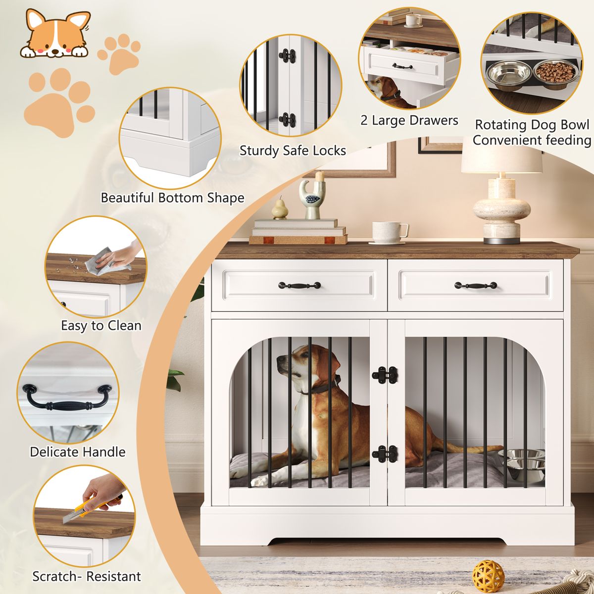 43.3-Inch Farmhouse Dog Crate with Two Drawers — view 4