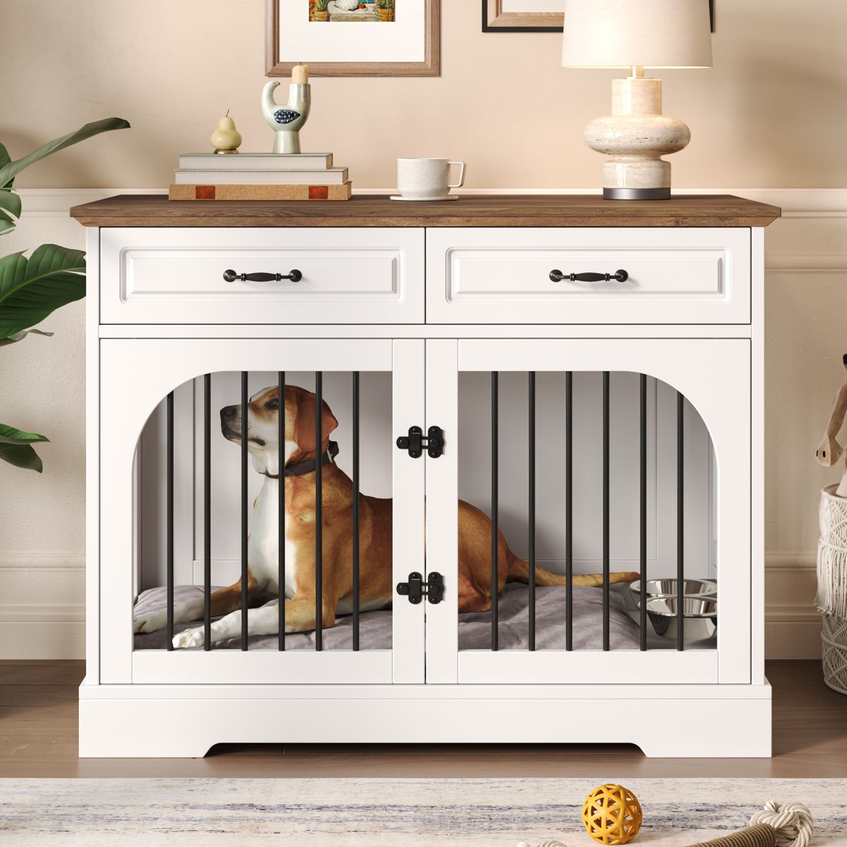 43.3-Inch Farmhouse Dog Crate with Two Drawers