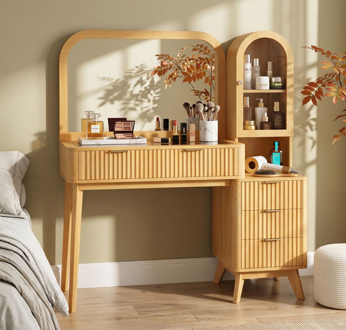48-Inch Fluted Vanity Desk with 32-Inch Mirror