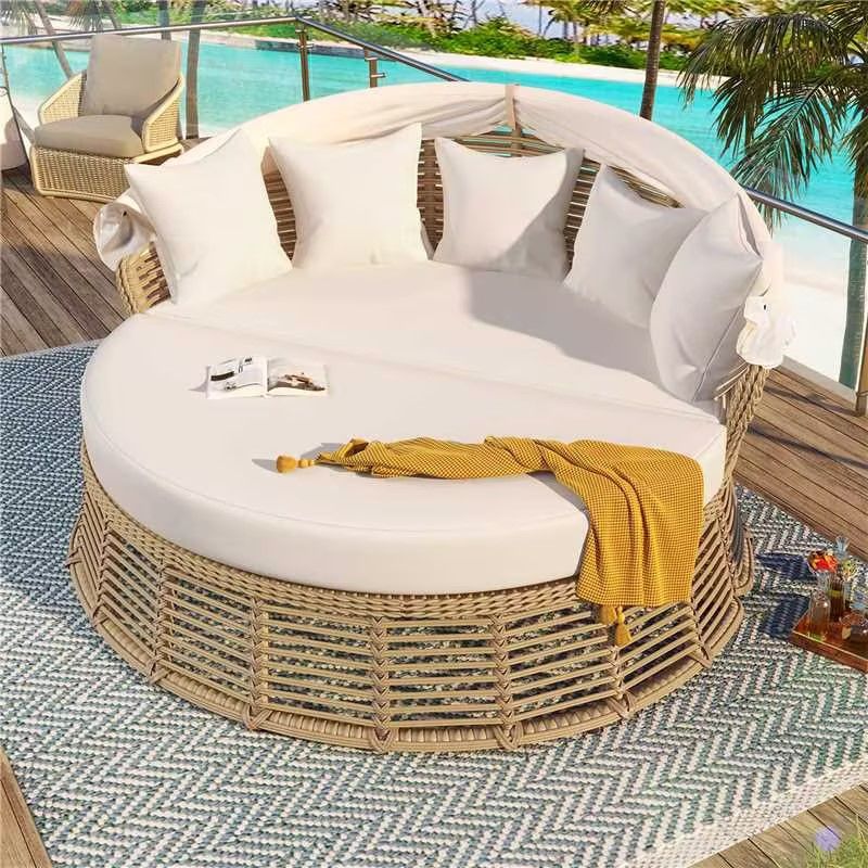 Round Wicker Daybed with Retractable Canopy — view 2
