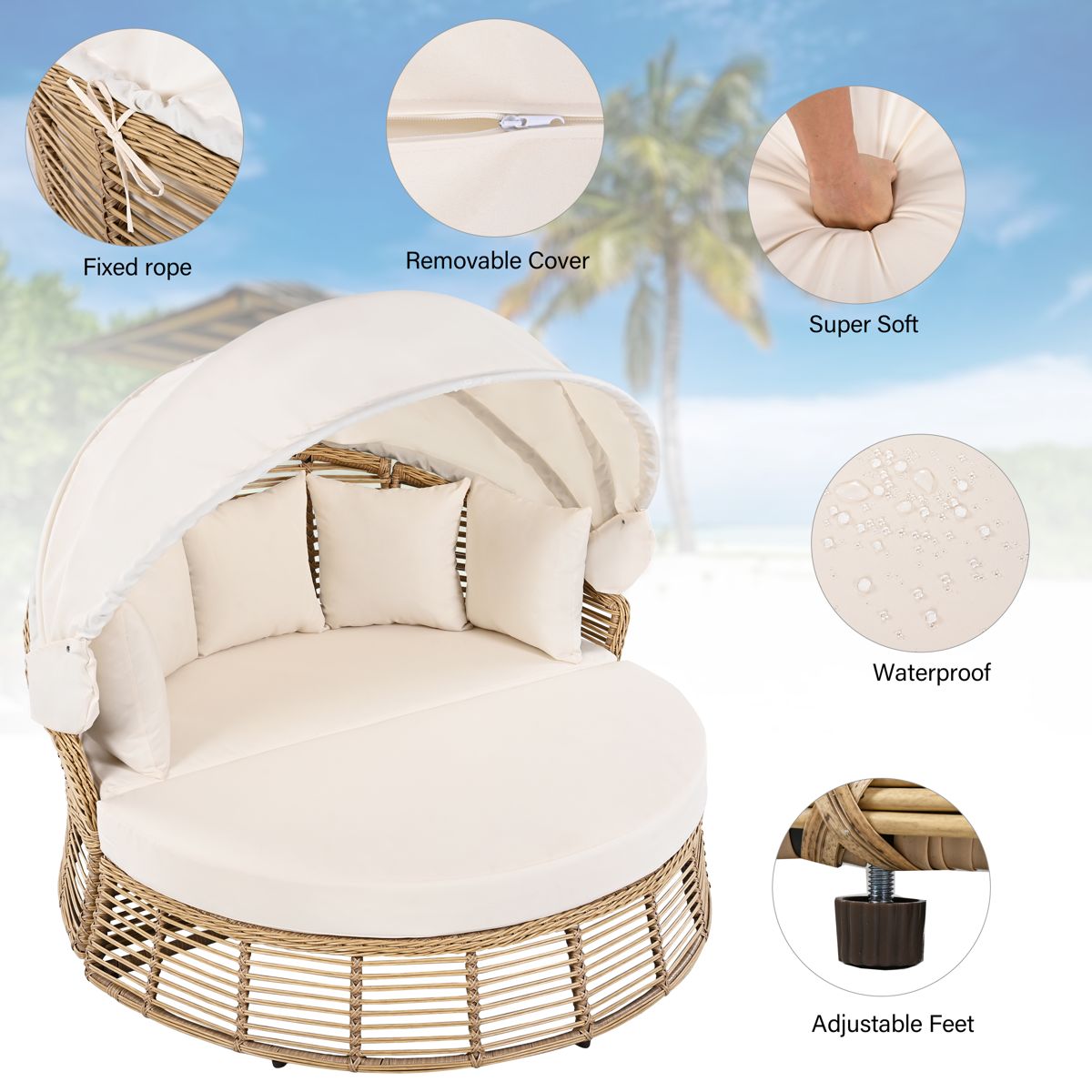 Round Wicker Daybed with Retractable Canopy — view 3