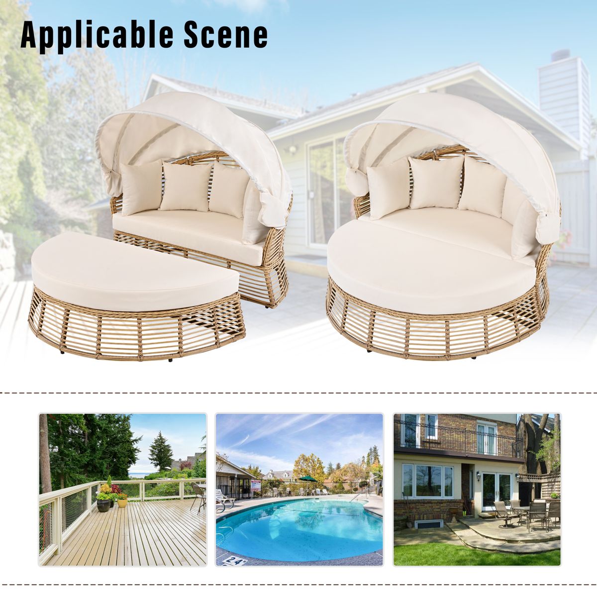 Round Wicker Daybed with Retractable Canopy — view 4