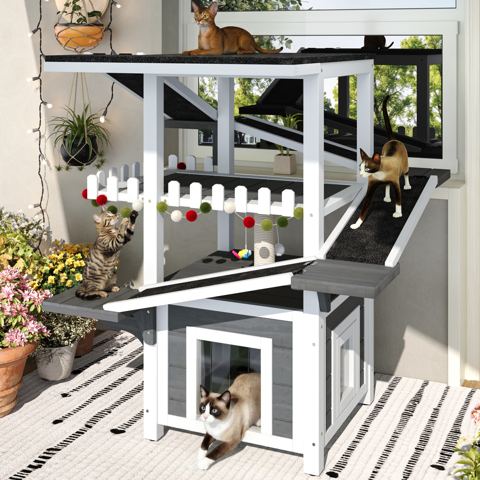 Four-Tier Outdoor Cat House with Balcony