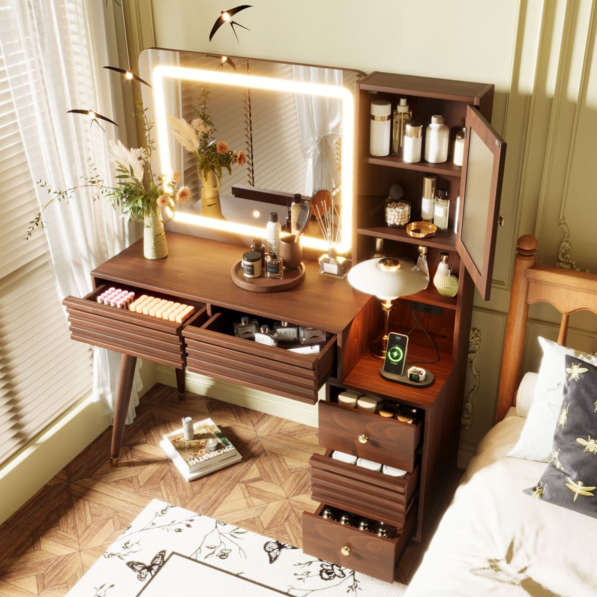 Mid-Century Vanity with Fluted Glass Cabinet — view 2