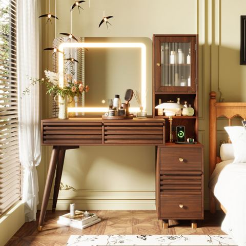 Mid-Century Vanity with Fluted Glass Cabinet