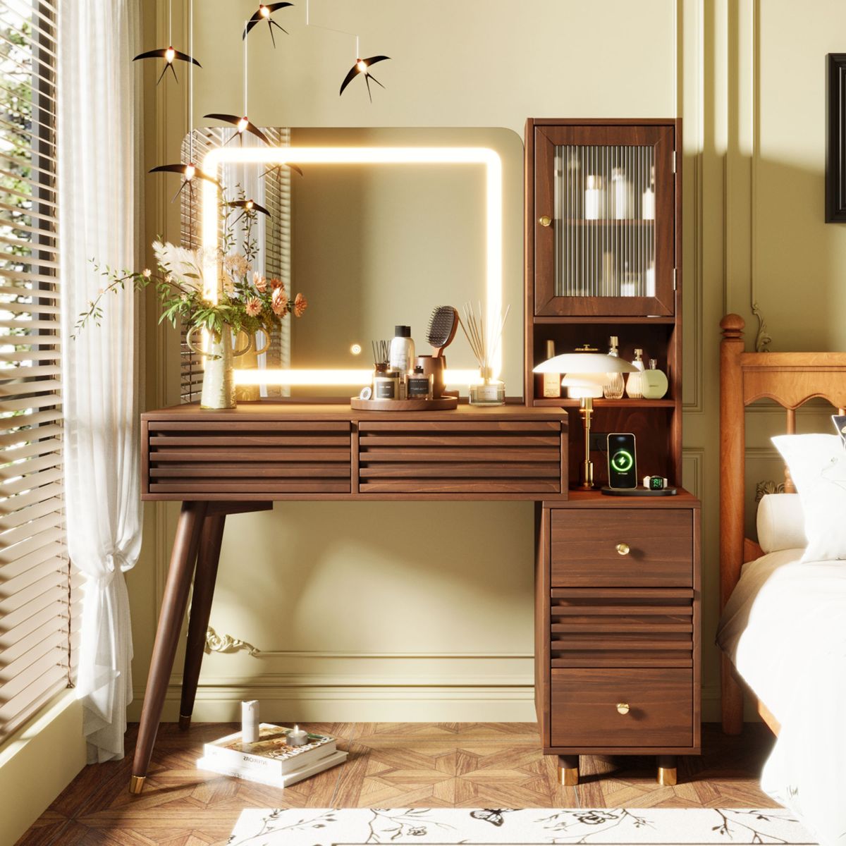 Mid-Century Vanity with Fluted Glass Cabinet